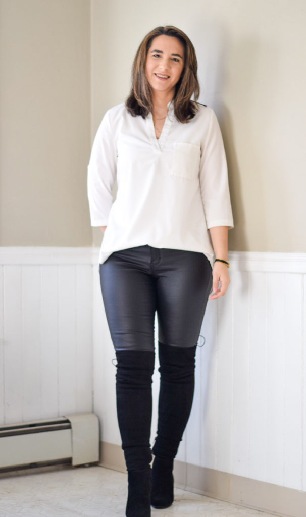 coated skinny jeans_faux leather pants_wear to work_teacher style_teacher fashion_white affordable tunic_black OTK boots for school