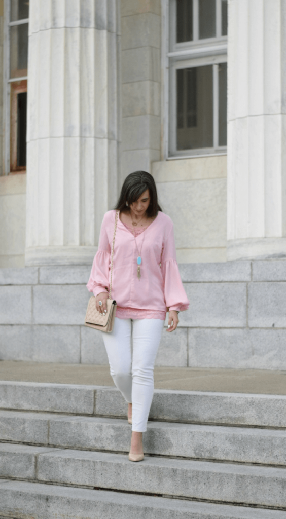 cute teacher outfit-pink blouse-white skinny jeans-nude quilted crossbody bag