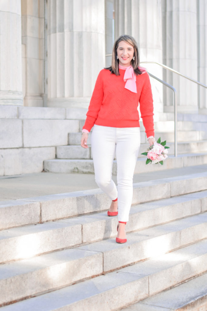 easy teacher valentine's day outfit_red sweater_pink bow top_work outfit_white ankle pant_red pump