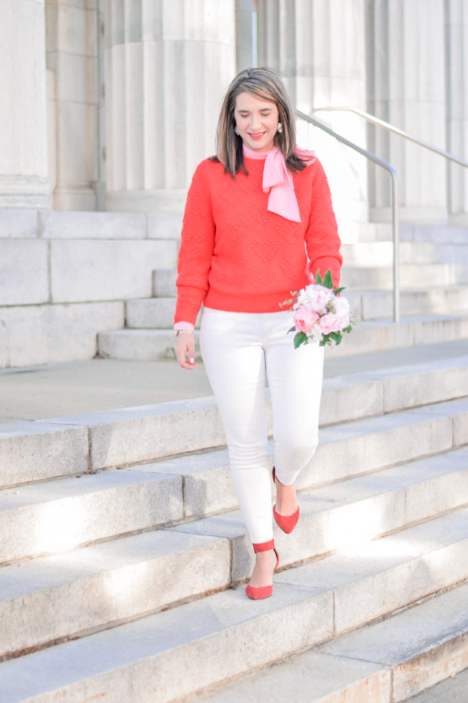 easy valentine's day outfit_red sweater_pink bow top_teacher clothes_teacher outfit_work outfit_red pumps_valentine's day at work
