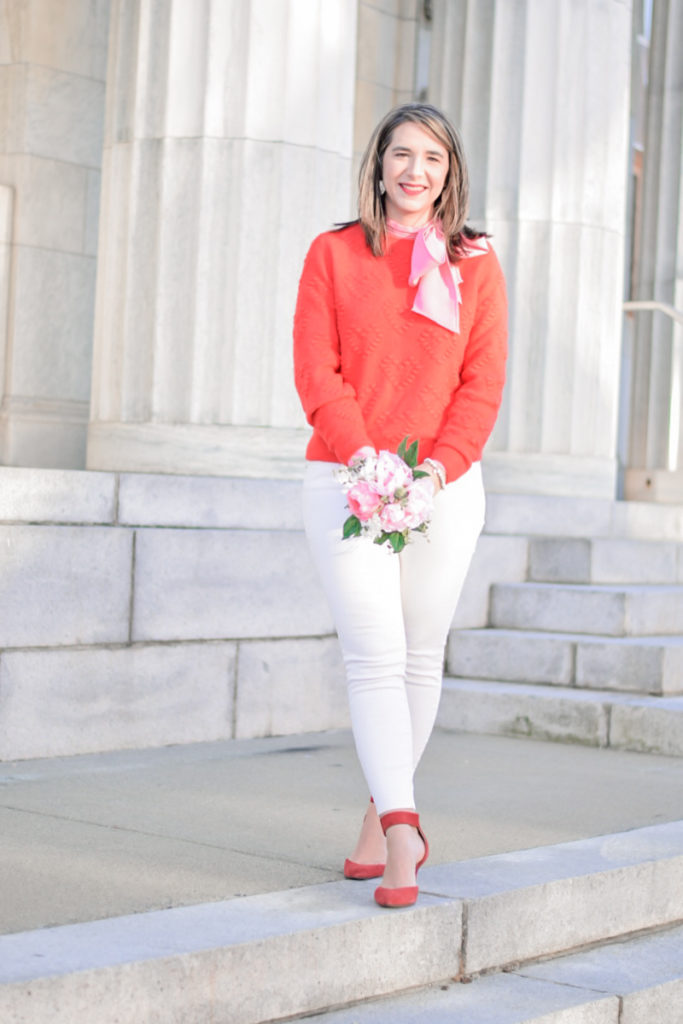 easy valentine's day outfit_red sweater_pink bow top_white ankle pants_teacher outfit_teacher fashion