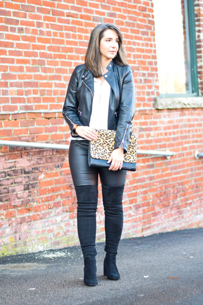 faux leather jacket_coated skinny jeans_faux leather pants_white tunic_black over the knee boots_otk boots