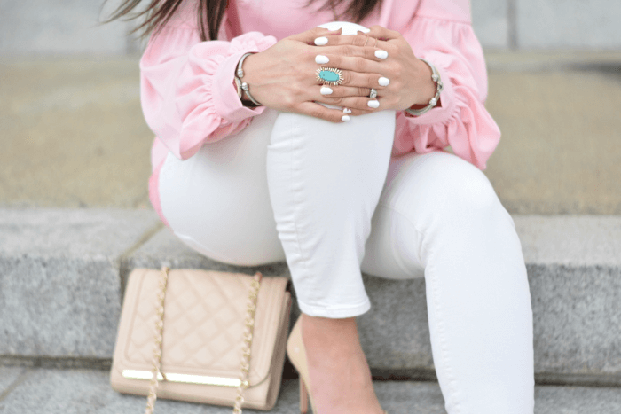 kendra scott owen cocktail ring-white skinny jeans-quilted crossbody bag-pink bishop top
