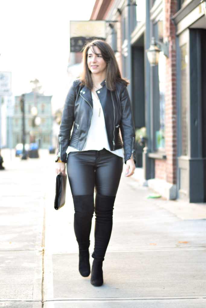 leather biker jacket_coated skinny jeans_faux leather pants_affordable white tunic_black otk boots
