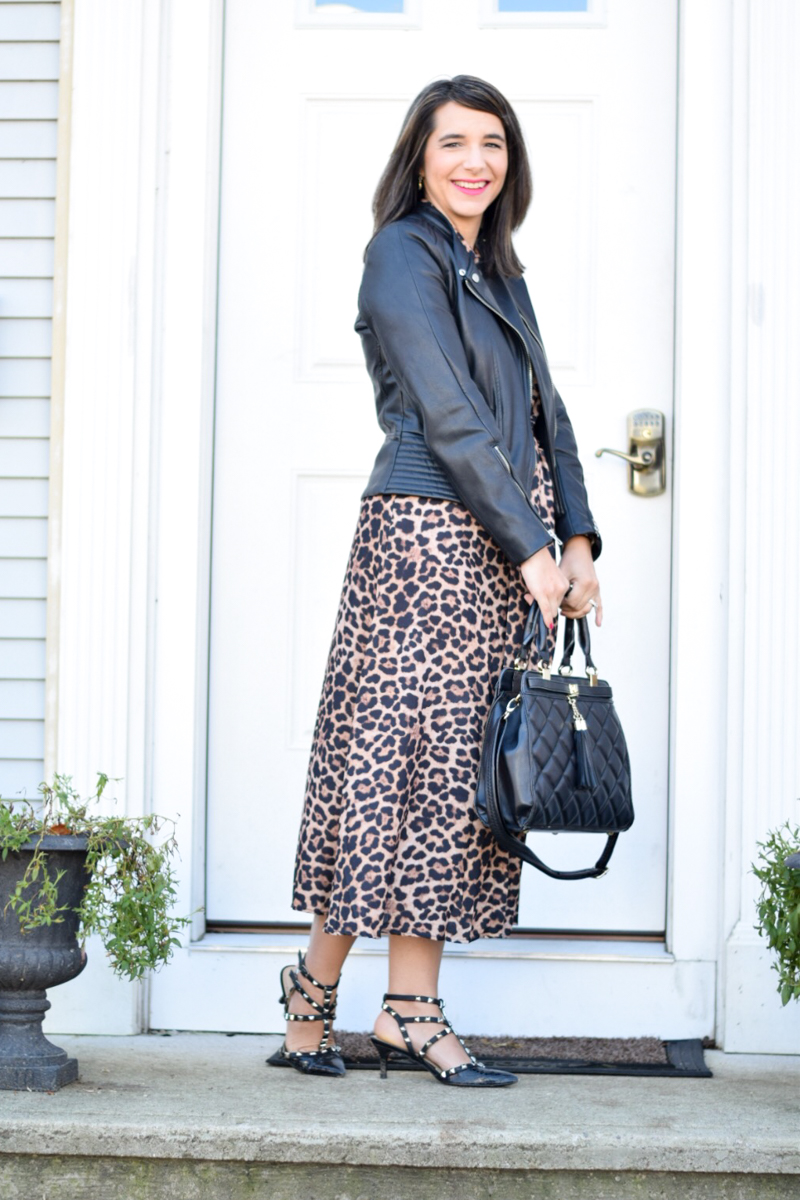 leopard print dress and leather jacket_teacher outfit_work outfit_leopard shirt dress_black quilted bag_studded black mid-heel