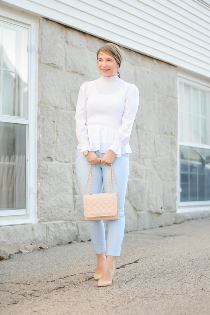 light blue pastel pants_work pants_white peplum top_white smocked blouse_ruffle sleeves_bishop sleeves_teacher fashion_cute teacher outfit_spring style