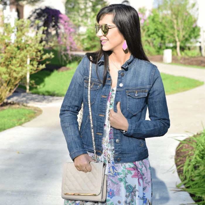 nude quilted crossbody jean jacket floral maxi dress spring outfit