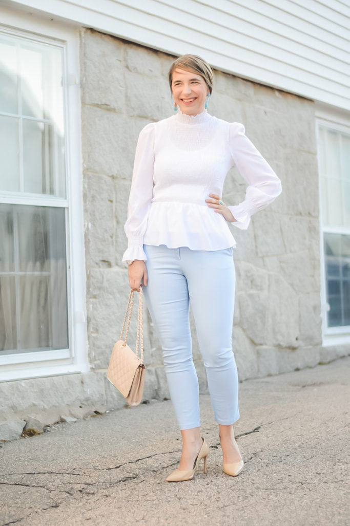 pastel pants_work pants_white peplum top_smocked top_ruffle sleeves_teacher fashion_cute teacher outfit_spring work outfit_spring style