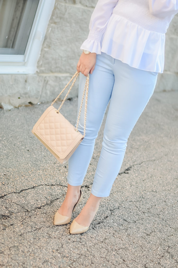 pastel pants_work pants_white peplum top_white smocked top_teacher fashion_work outfit_cute teacher outfit_spring style
