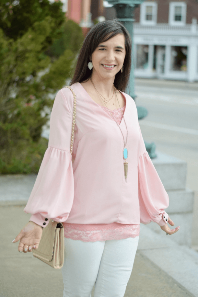 pink bishop top-pink blouse-teacher outfit-kendra scott rayne necklace