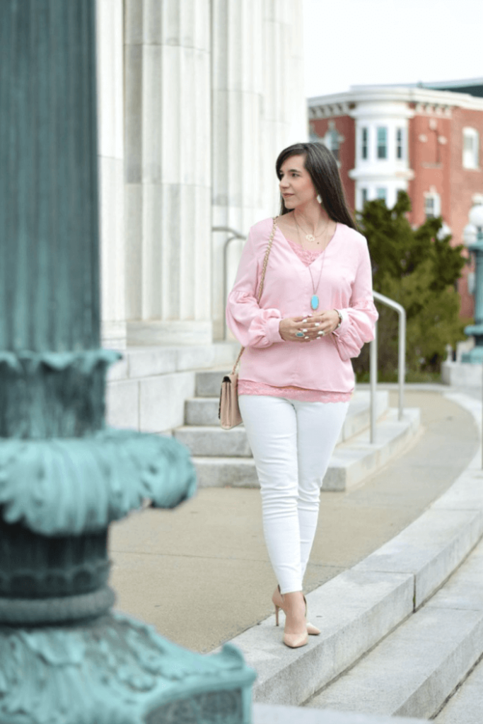 pink bishop top-white skinnies-teacher outfit idea