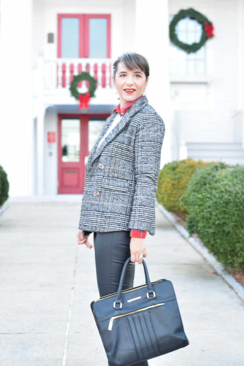 plaid pattern mixing_Tweed Coat_Winter Outfits_holiday look_faux leather pants