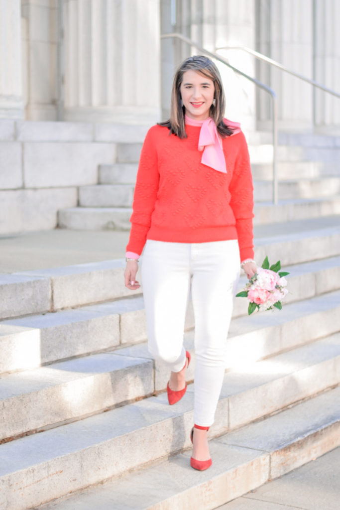 red sweater_pink bow top_teacher valentine's day outfit_easy valentine outfit_valentine's day work outfit inspiration
