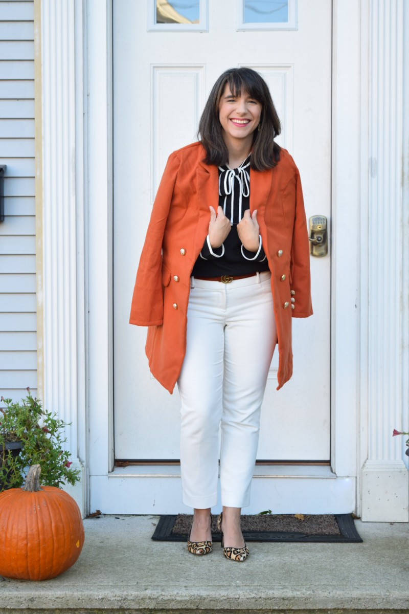 shein fall favorites-orange-coat-with-gold-buttons-tie-neck-striped-top-work-outfit-inspiration