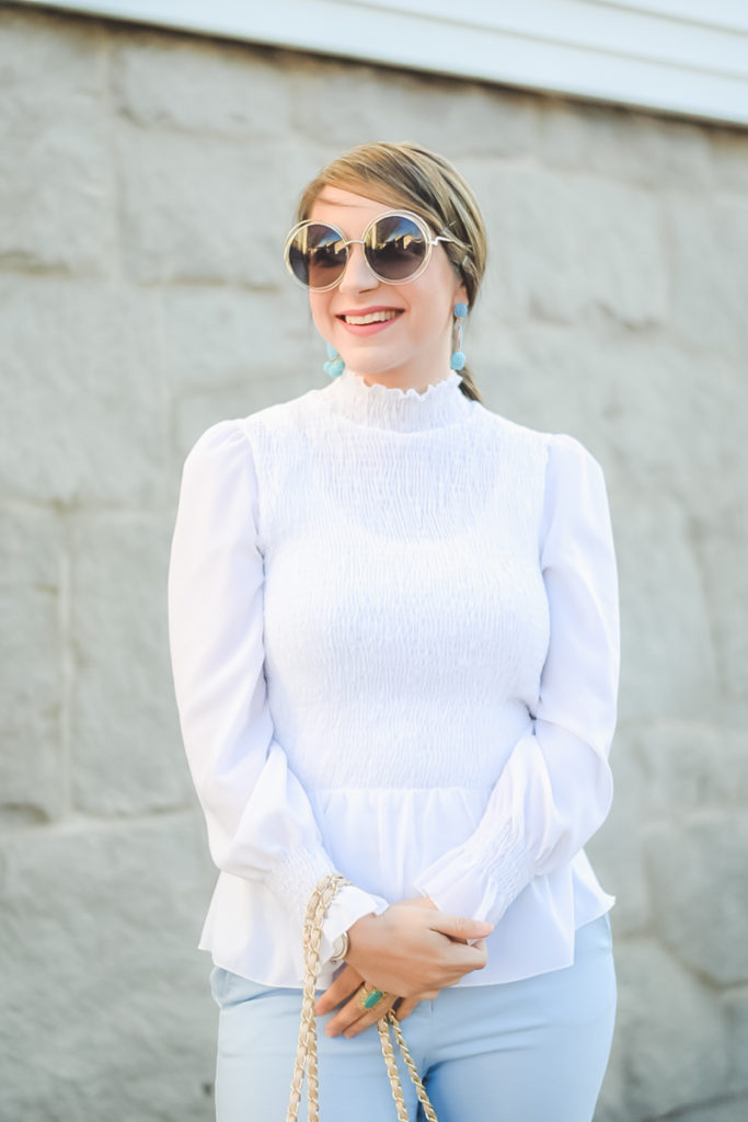 smocked top_pastel pants_white peplum top_ruffle sleeves_cute teacher outfit_spring style_chloe sunglasses dupe