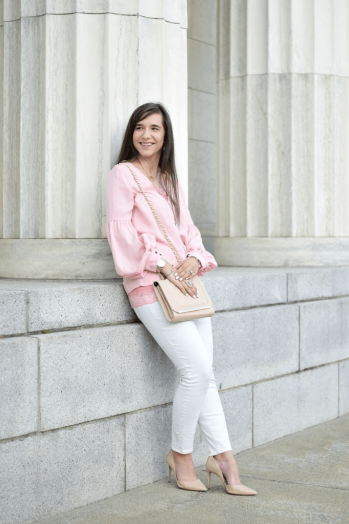 teacher outfit-pink blouse-white skinny jeans-nude pumps