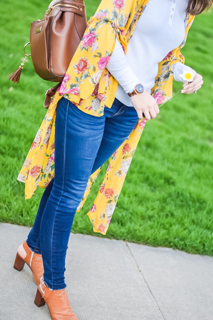 teacher outfit_vibrant yellow kimono_skinny jeans_cognac backpack_spring style_TJMaxx_Maxinista