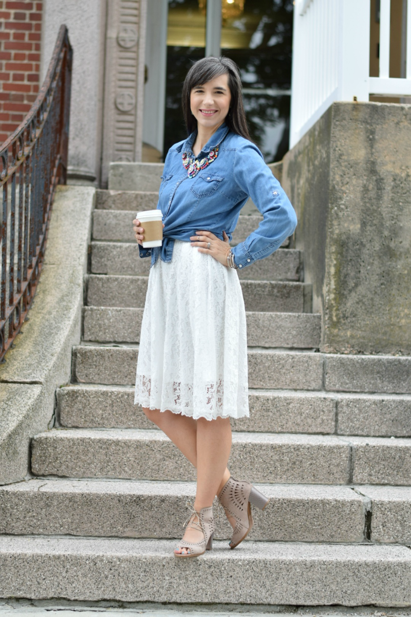 teacher style button-up chambray over dress for work