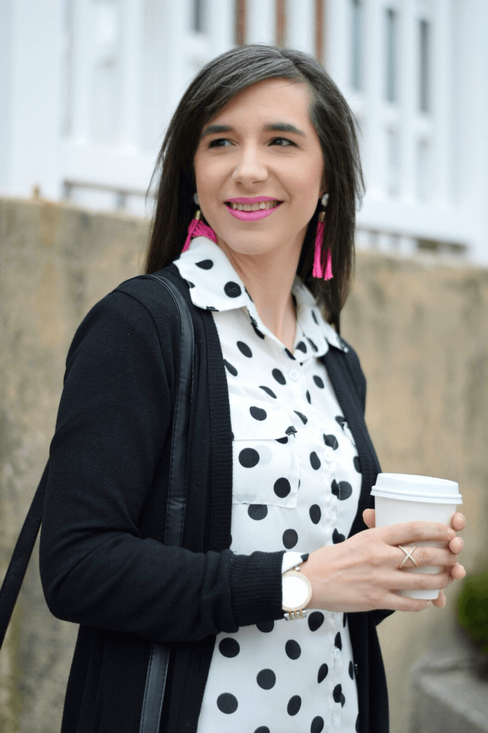 teacher style polka dot blouse and tassel earrings