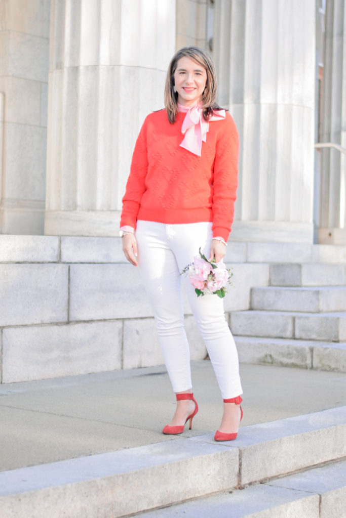 teacher valentine's day outfit_red sweater_pink bow top_white ankle pants_red pumps_easy work outfit