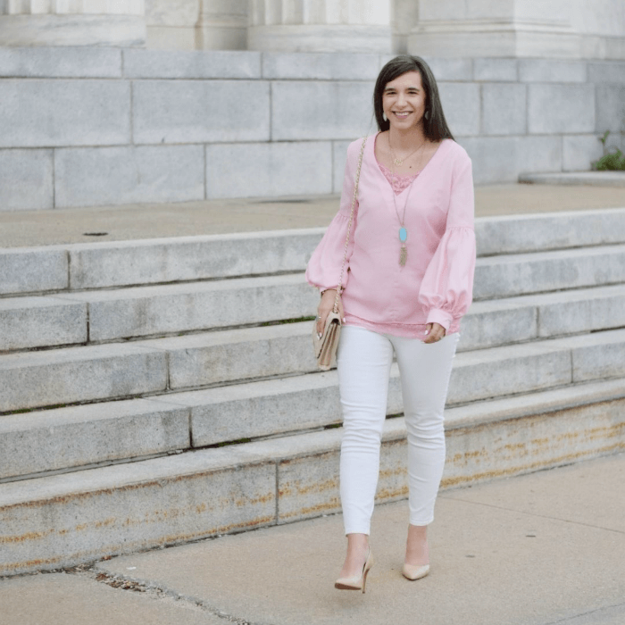 white skinny jeans-pink bishop top-turquoise rayne necklace-nude pumps