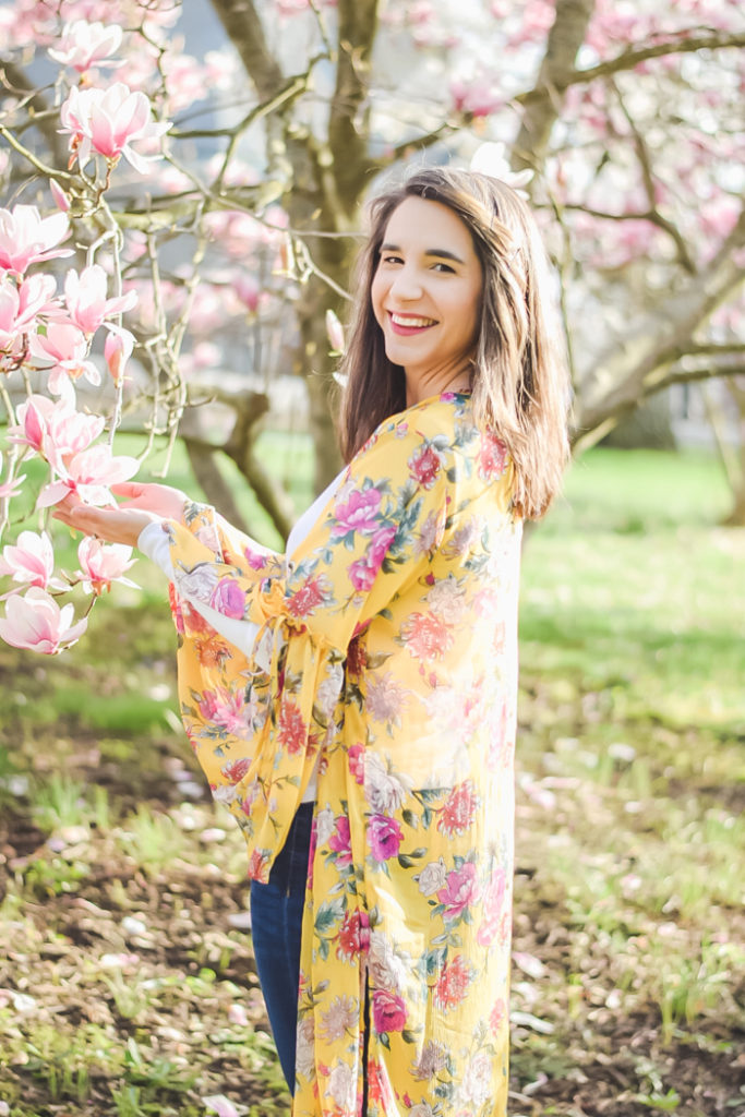 yellow floral kimono_spring style_magnolia blossoms_teacher fashion